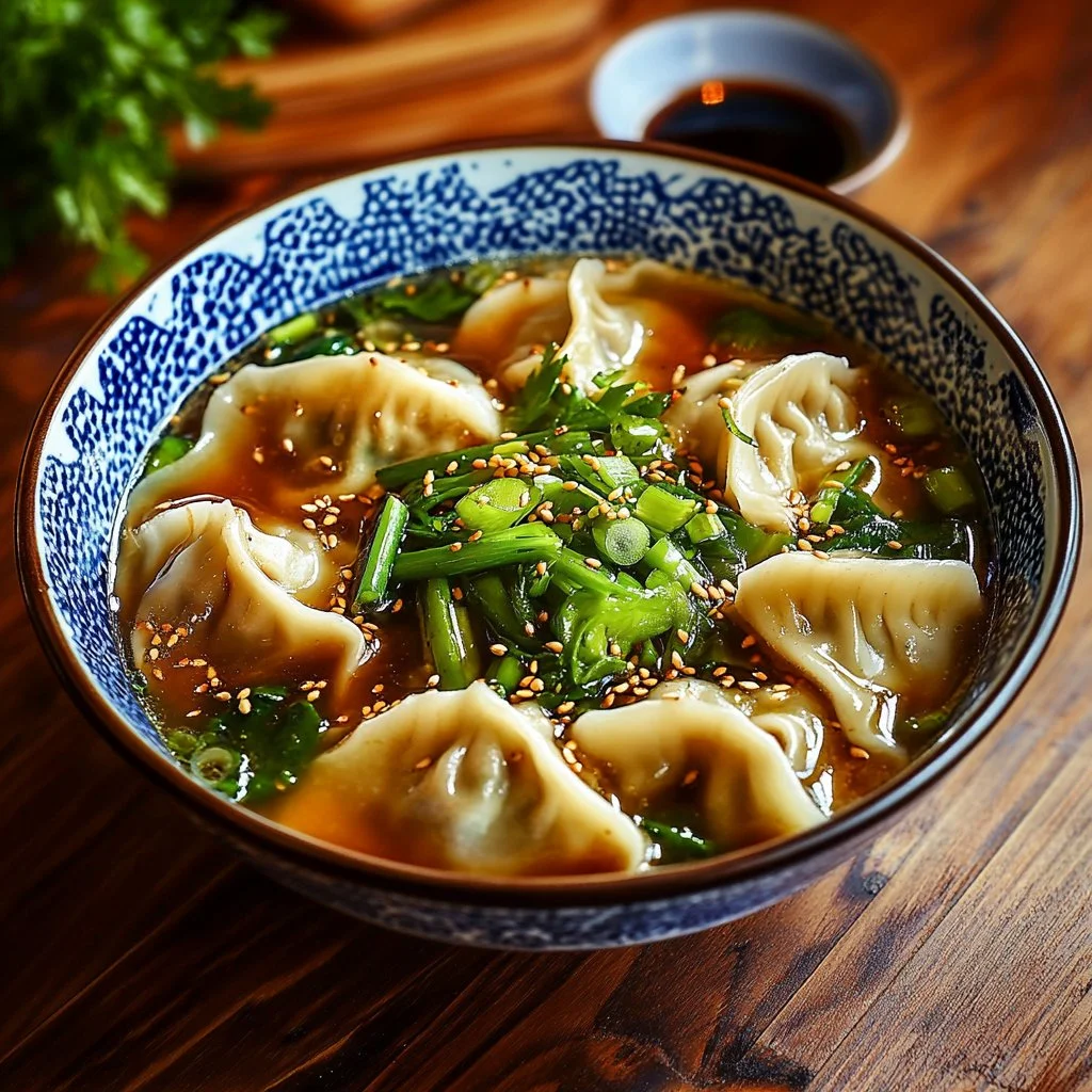 Bowl of easy potsticker soup topped with green onions and cilantro.