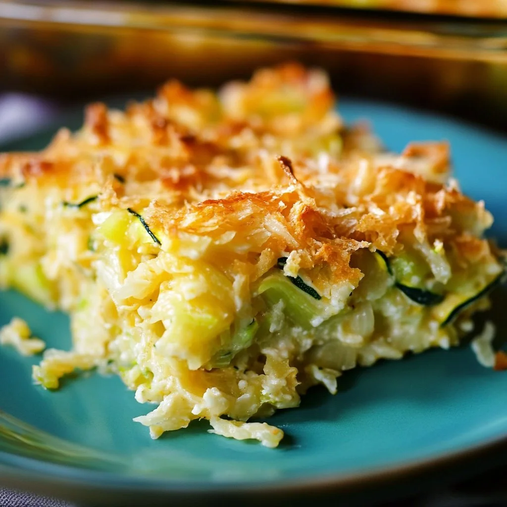Easy shredded zucchini casserole dish served warm with cheese topping