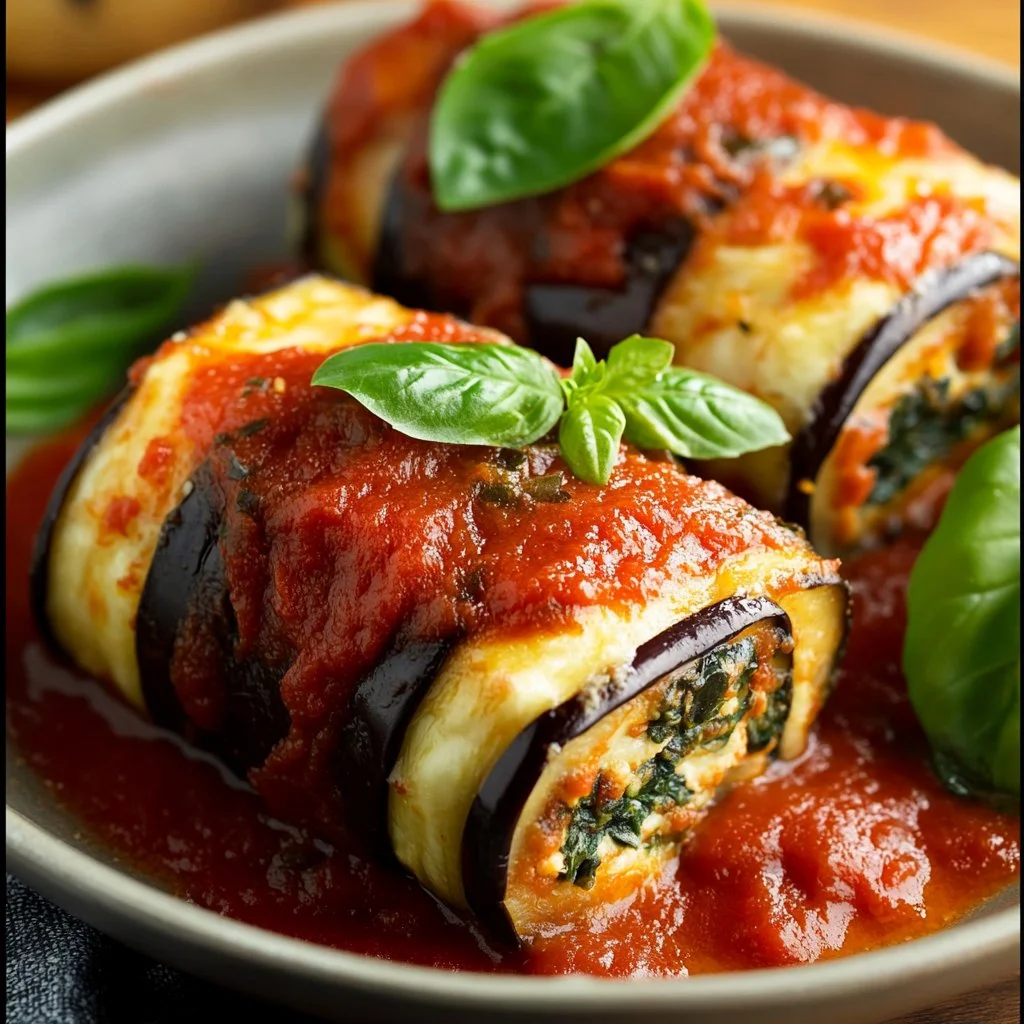 Plate of delicious homemade Eggplant Roll-Ups filled with cheese and herbs.