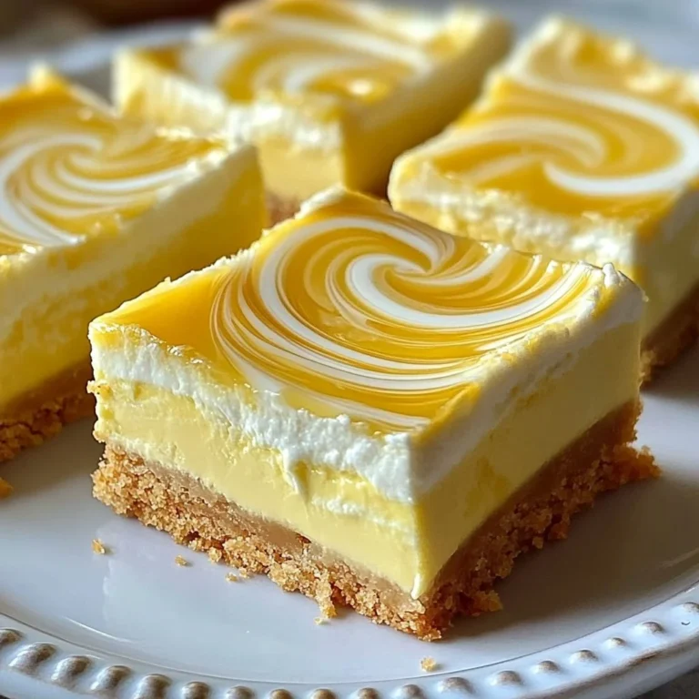 Elegant lemon marbled cheesecake bars on a white plate garnished with lemon slices