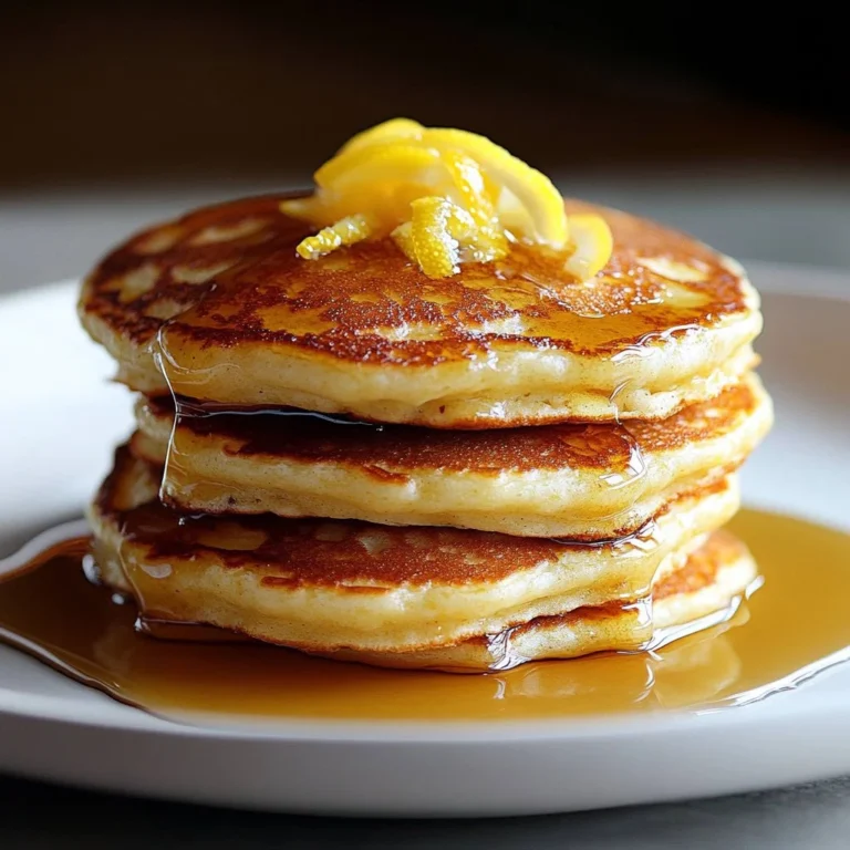 Stack of fluffy lemon ricotta pancakes with fresh lemon slices