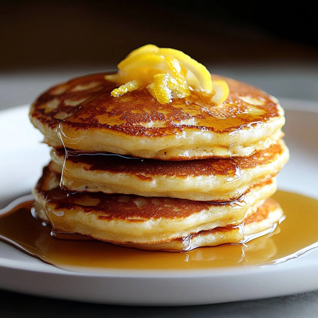 Stack of fluffy lemon ricotta pancakes with fresh lemon slices