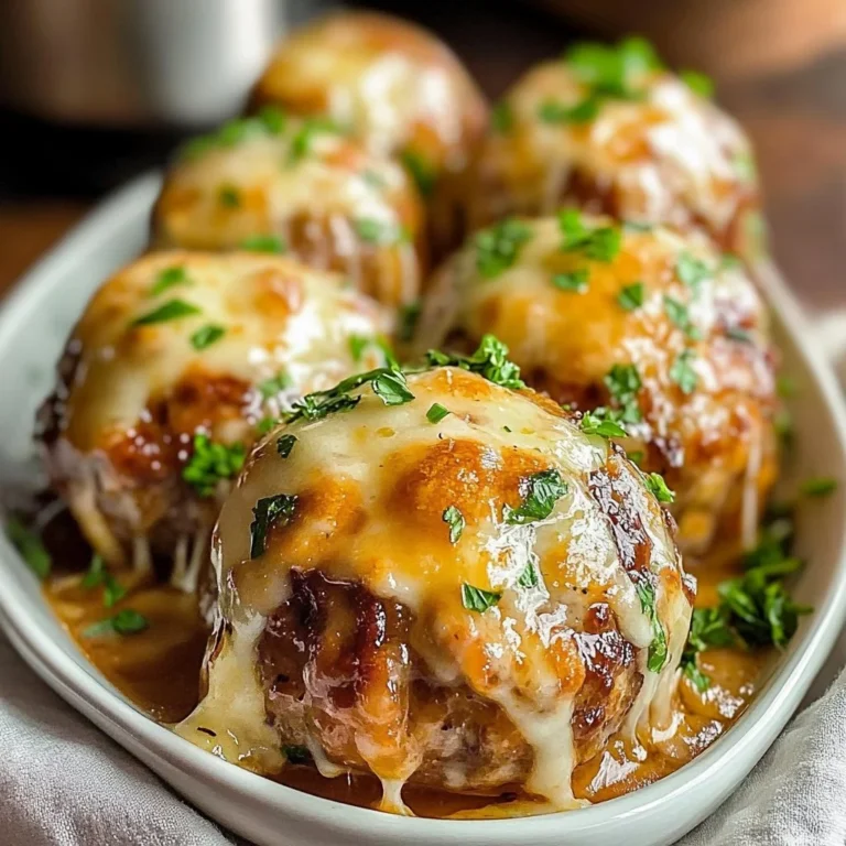 Delicious French onion meatball melts topped with gooey cheese and herbs