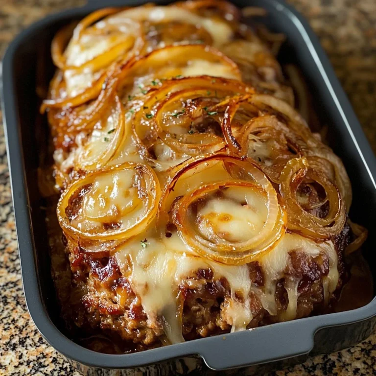 Deliciously baked French Onion Meatloaf served with caramelized onions and herbs.