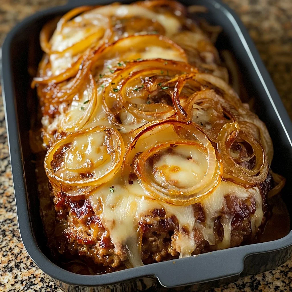 Deliciously baked French Onion Meatloaf served with caramelized onions and herbs.