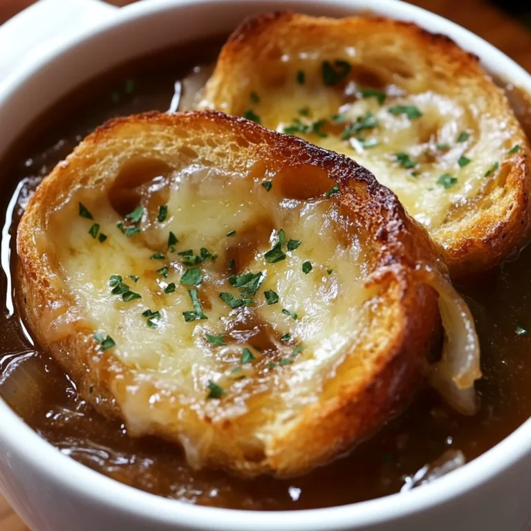 Bowl of delicious French Onion Soup topped with melted cheese and croutons