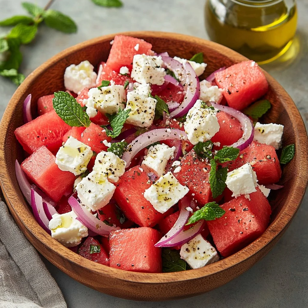 Fresh watermelon feta salad with mint and lime dressing served on a plate.