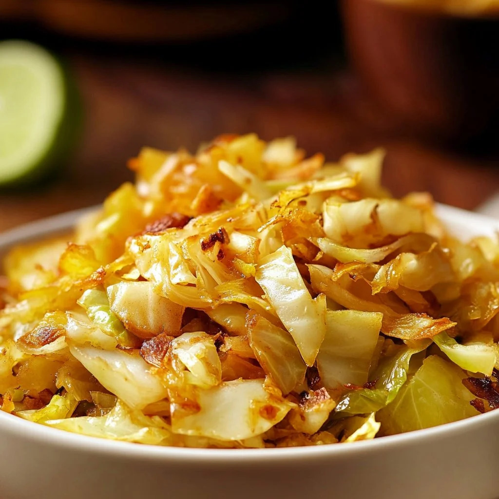 A dish of beautifully fried cabbage garnished with spices and herbs.