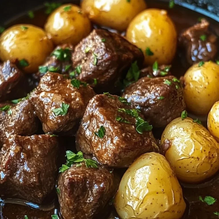 Delicious Garlic Butter Beef Bites served with crispy potatoes