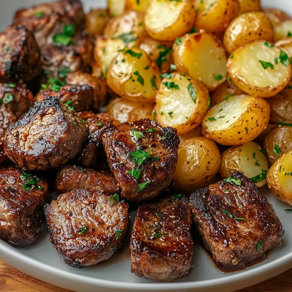 Delicious Garlic Butter Steak Bites served with crispy potatoes