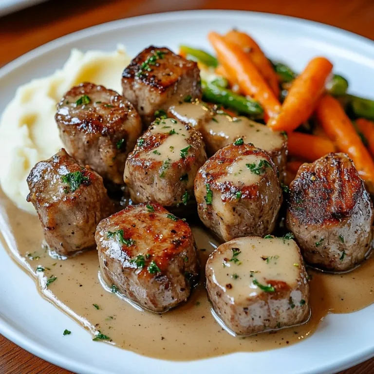 Garlic butter steak bites with rich Parmesan cream sauce on a plate.