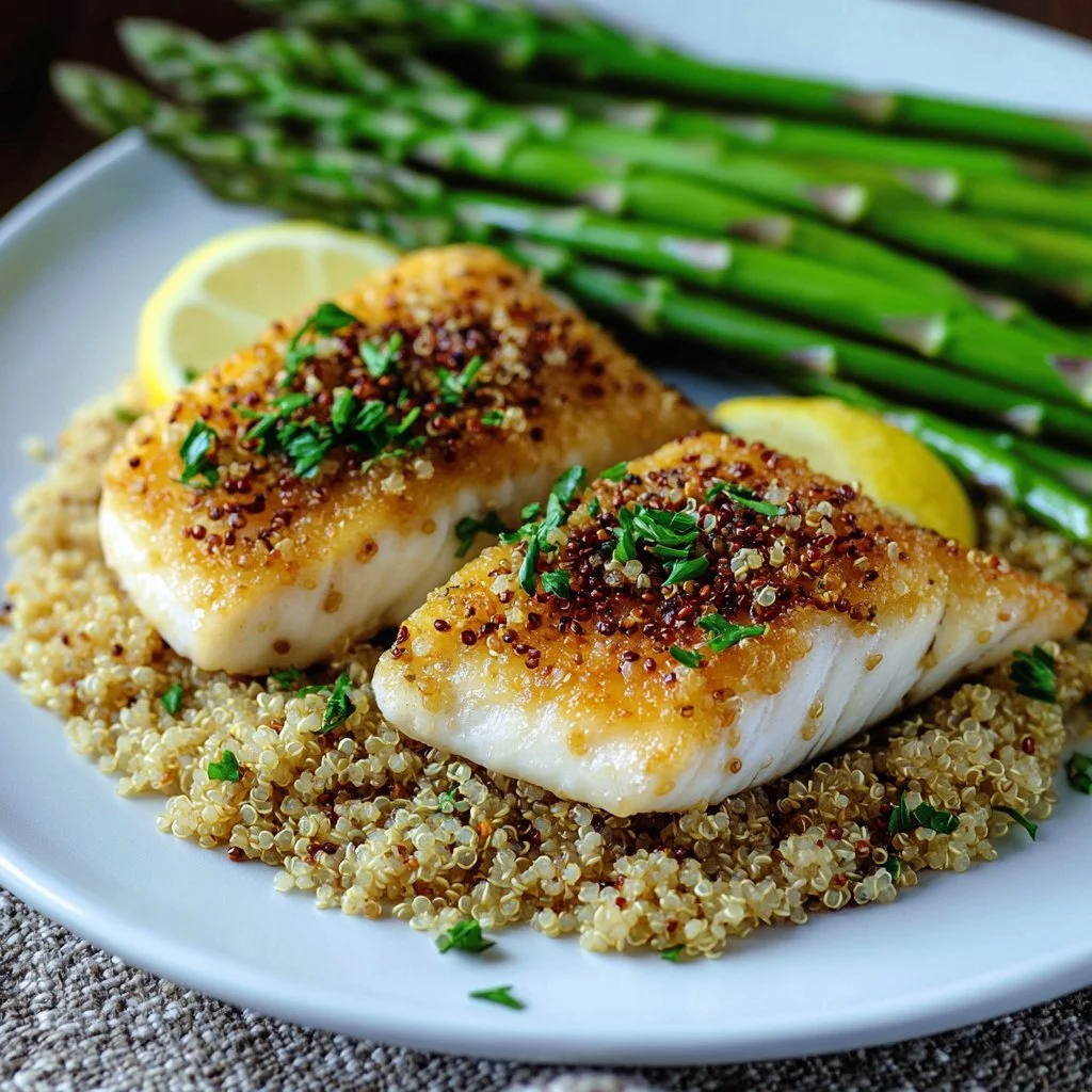 Plate of garlic parmesan crusted halibut with garnish