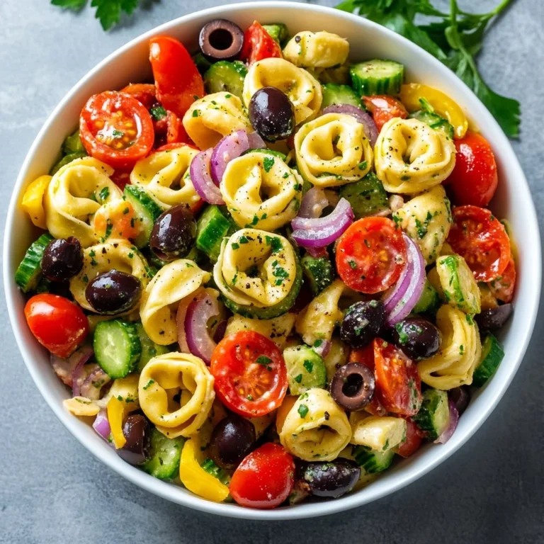 Greek tortellini pasta salad with fresh vegetables and feta cheese