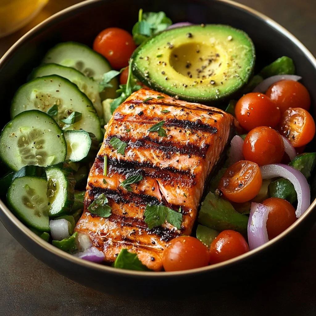Delicious Grilled Salmon and Avocado Salad Bowl with fresh ingredients