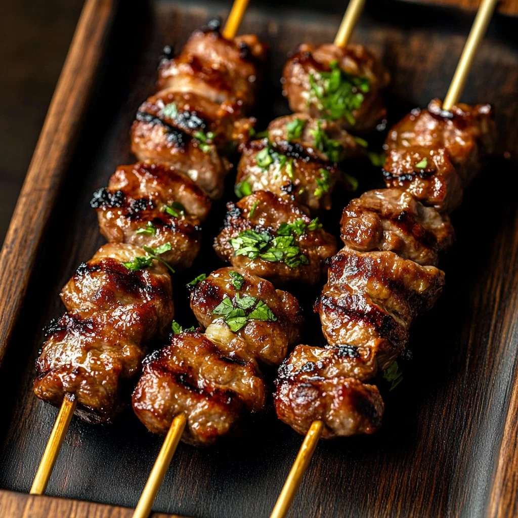 Grilled Thai Coconut Chicken Skewers with coconut and spices on a grill