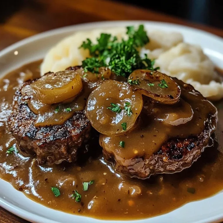 Delicious hamburger steaks topped with savory onion gravy, served on a plate.