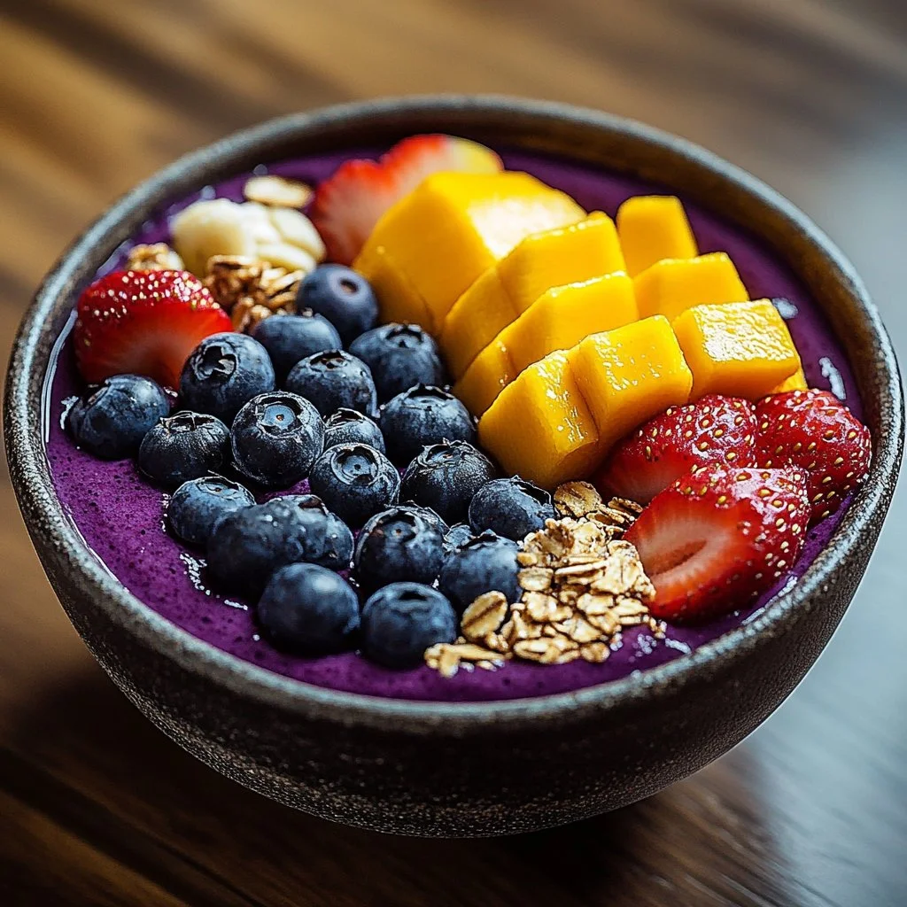 A colorful and healthy acai bowl topped with fresh fruits and granola
