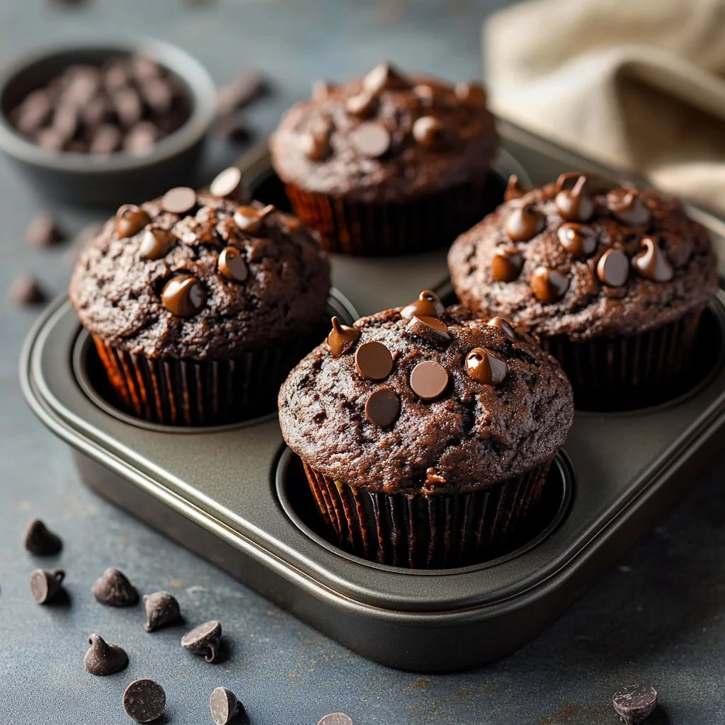 Delicious healthy chocolate muffins displayed on a rustic wooden table