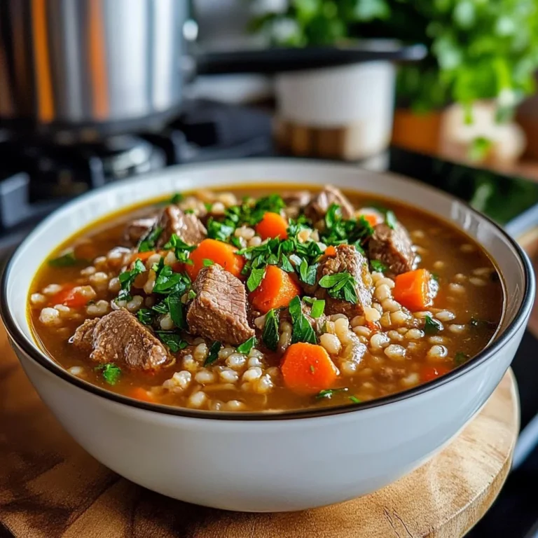 Bowl of hearty beef and barley soup with vegetables and herbs