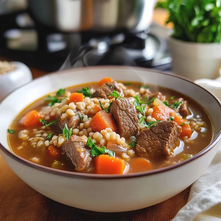Bowl of hearty beef and barley soup with fresh vegetables and herbs