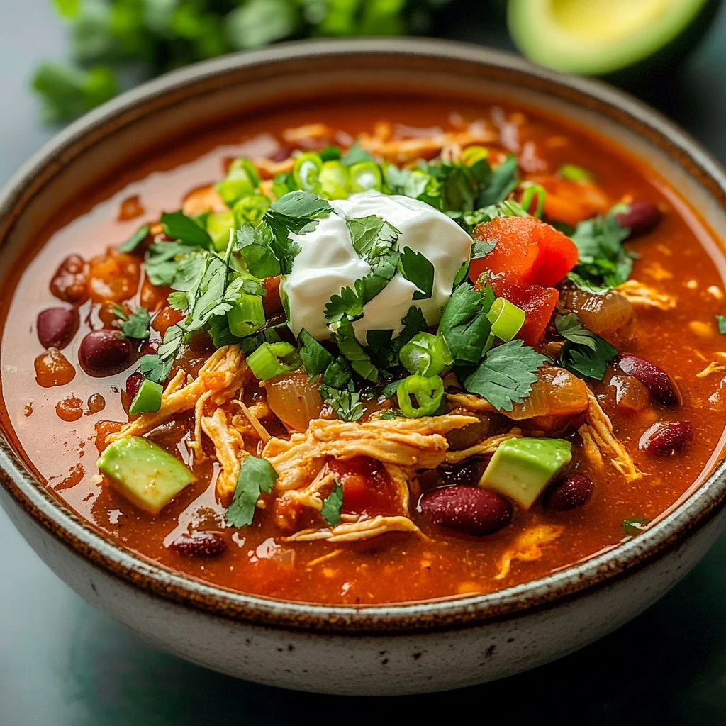 Bowl of high protein chicken chili - healthy comfort food recipe