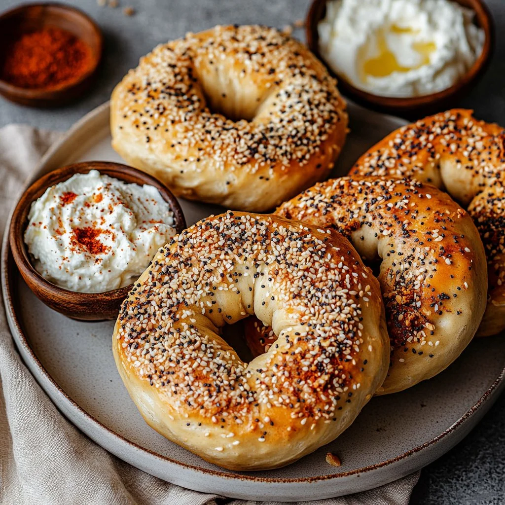 Two high-protein cottage cheese bagels on a wooden table