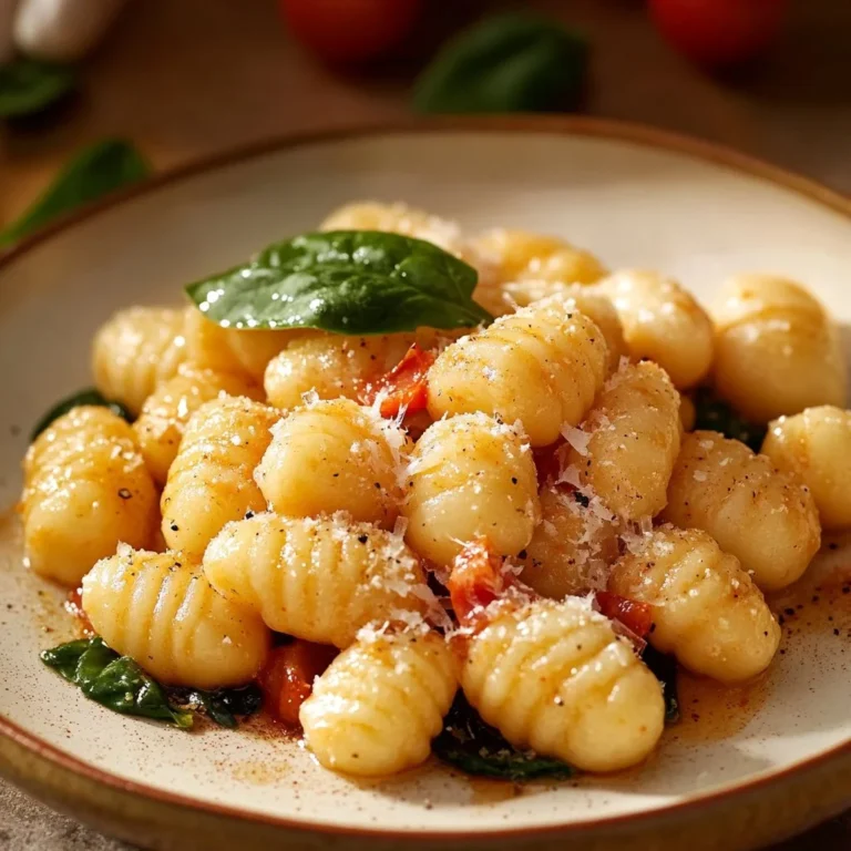 Plate of homemade gnocchi served with sauce and herbs