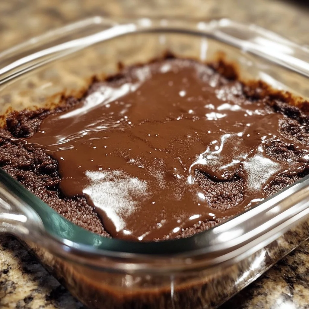 Hot Fudge Chocolate Pudding Cake topped with creamy fudge sauce