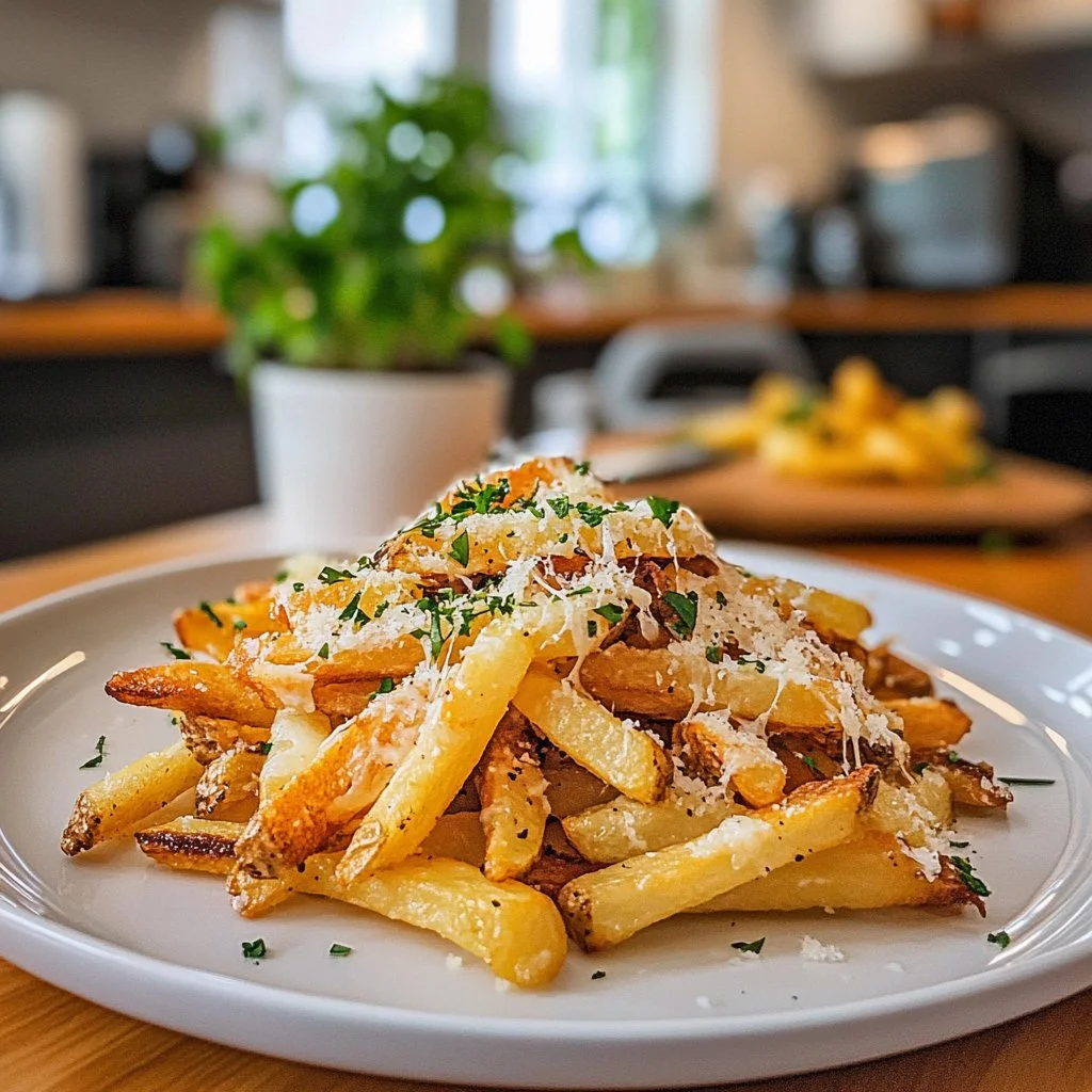 Plate of irresistible garlic parmesan fries topped with herbs