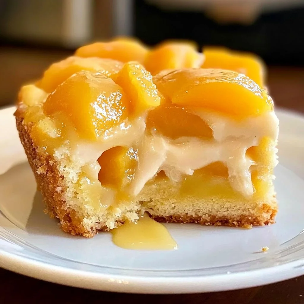 Delicious summer peach cake topped with fresh peaches and whipped cream