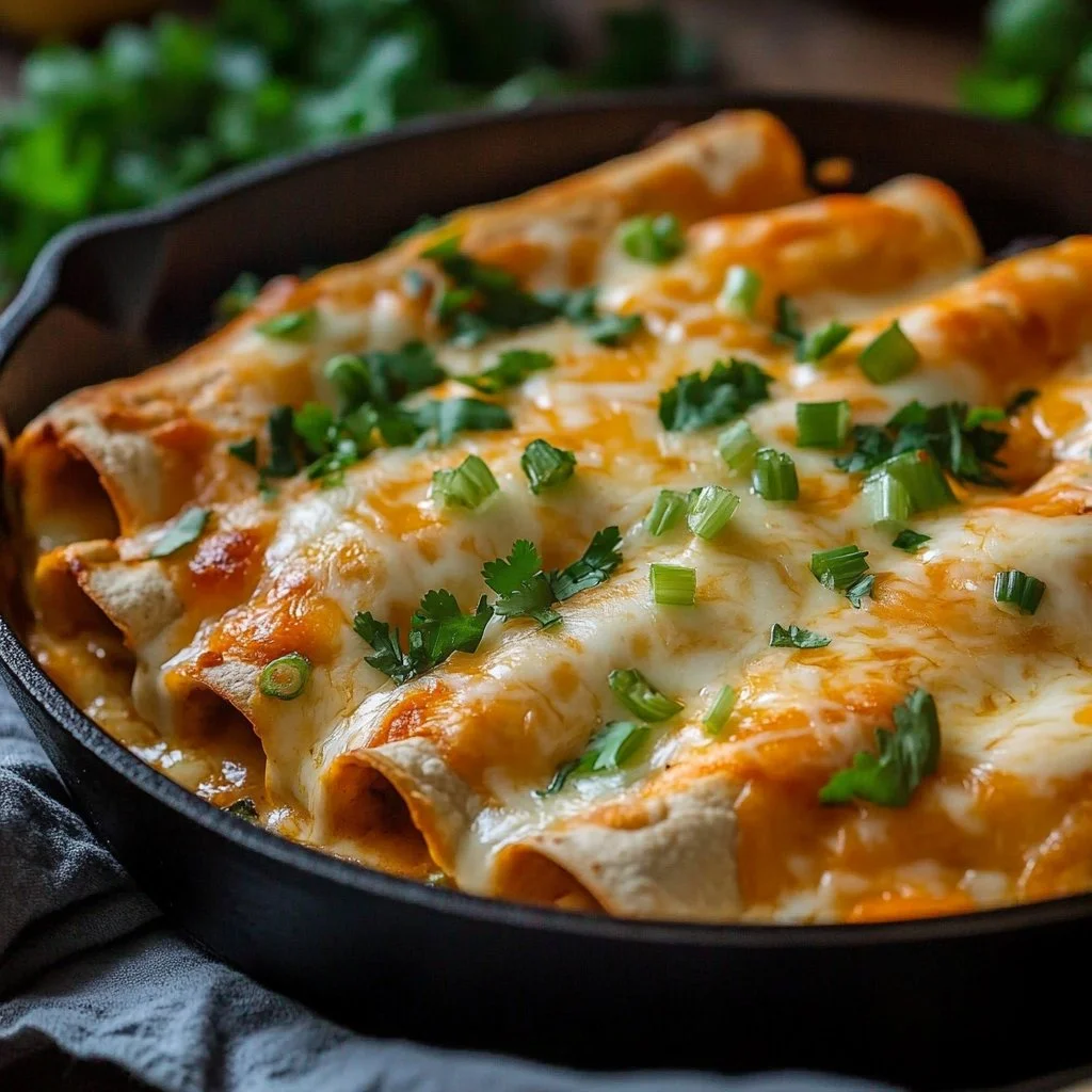 Delicious jalapeño popper enchiladas topped with cheese and creamy sauce.