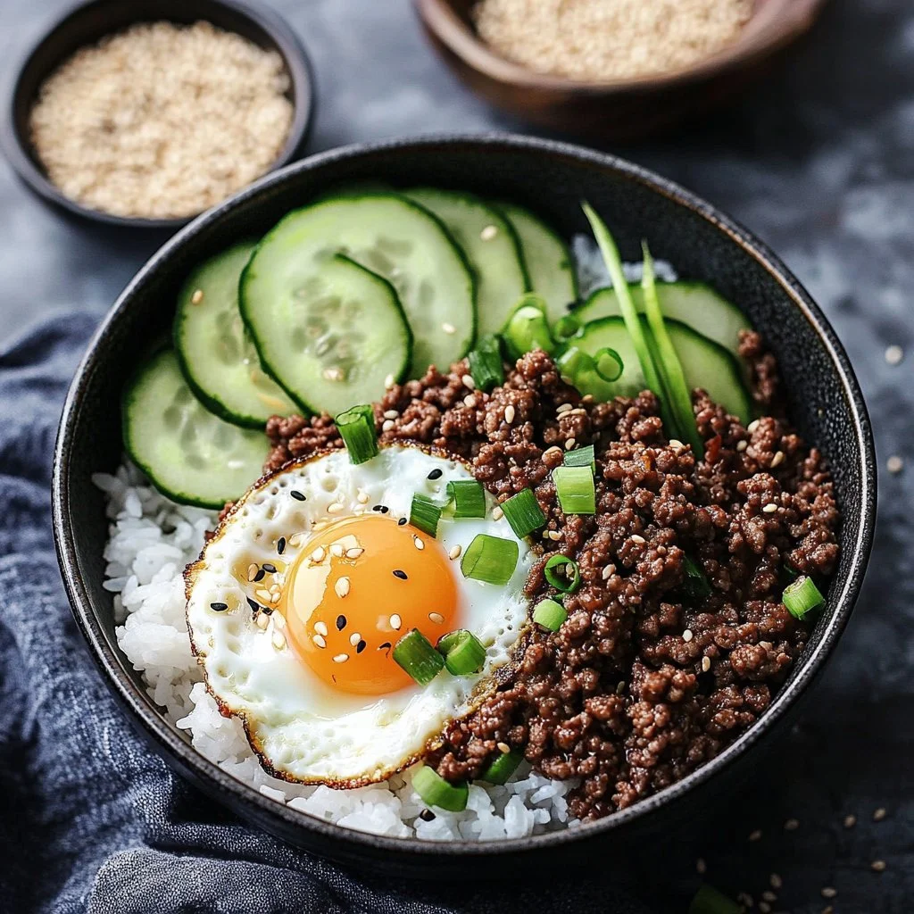 Delicious Korean ground beef and rice bowls garnished with vegetables.