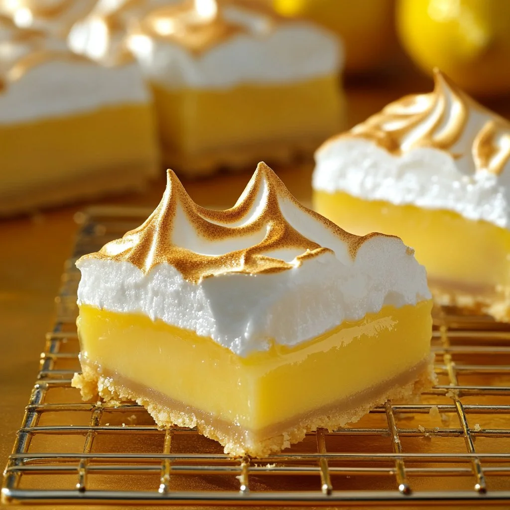 Lemon meringue pie bars topped with fluffy meringue and a lemon filling.