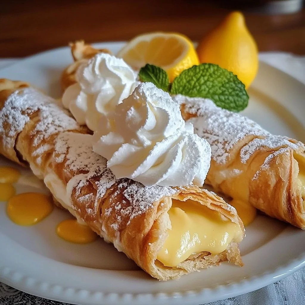 Lemon Meringue Pie Cannolis served with whipped cream and lemon zest garnish