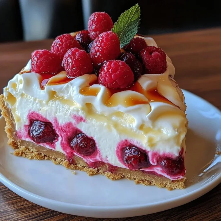 Lemon Raspberry Meringue Cheesecake topped with fresh raspberries and meringue.