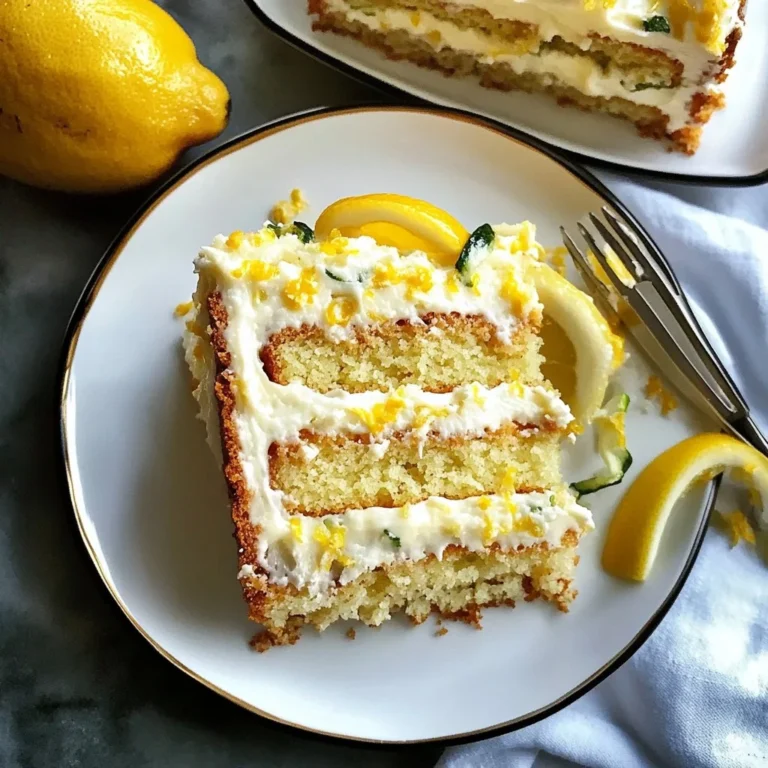 Lemon zucchini cake topped with cream cheese frosting on a rustic table