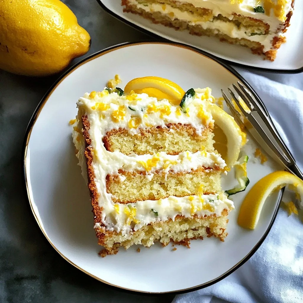 Lemon zucchini cake topped with cream cheese frosting on a rustic table