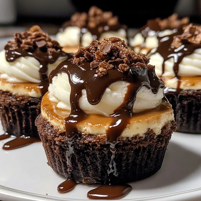 Delicious loaded brownie cheesecake cups topped with chocolate drizzle.