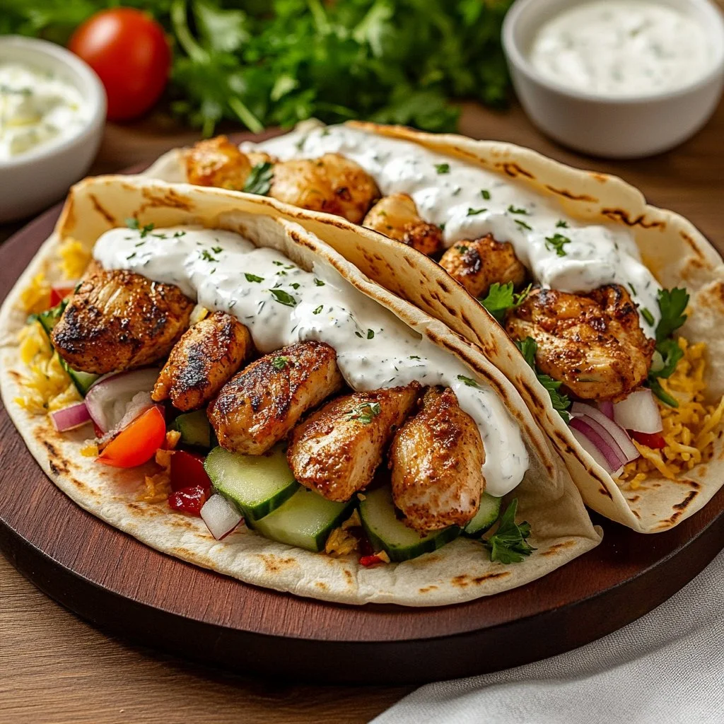 Mediterranean Chicken Gyros served with creamy feta tzatziki sauce