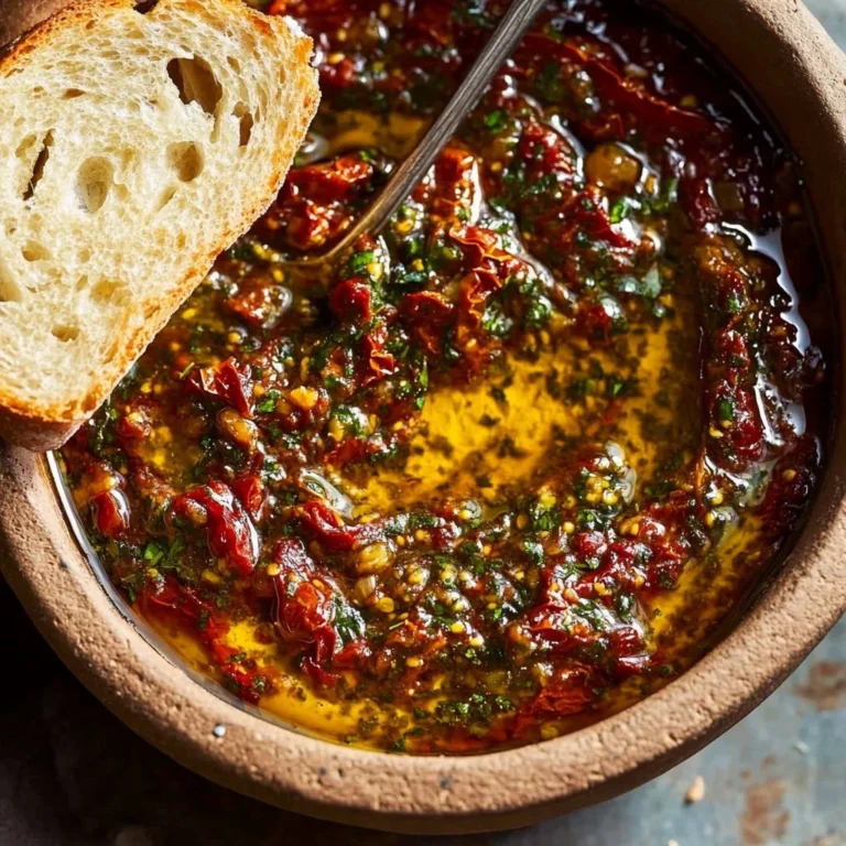 Mediterranean Sun-Dried Tomato Olive Oil Bread Dip served in a bowl