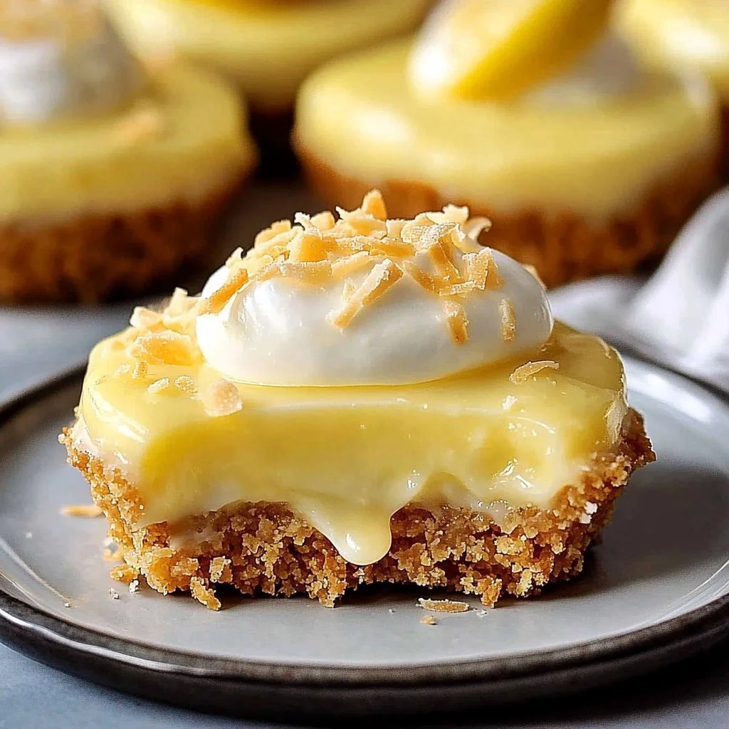 No-bake lemon coconut mini pie with whipped cream and coconut flakes