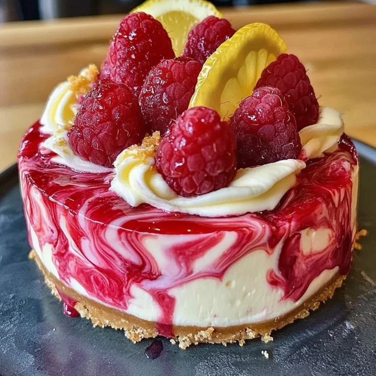 No Bake Raspberry Lemon Swirl Cheesecake served on a dessert plate