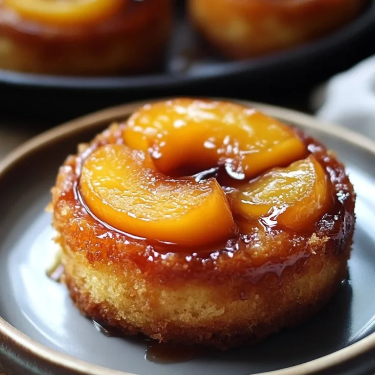 Peach Upside-Down Mini Cakes displayed on a plate, showcasing their delicious topping