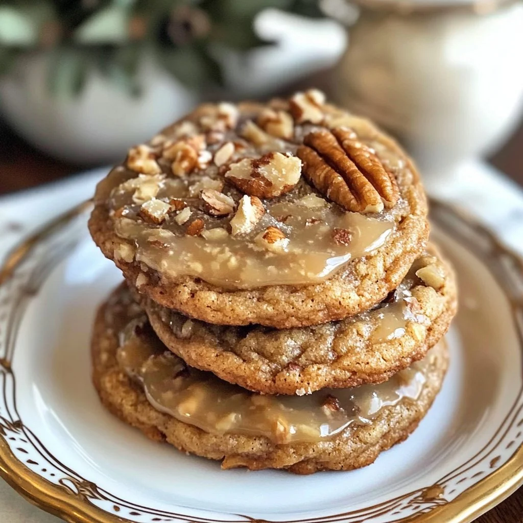 Delicious pecan pie cookies with gooey caramel topping on a plate