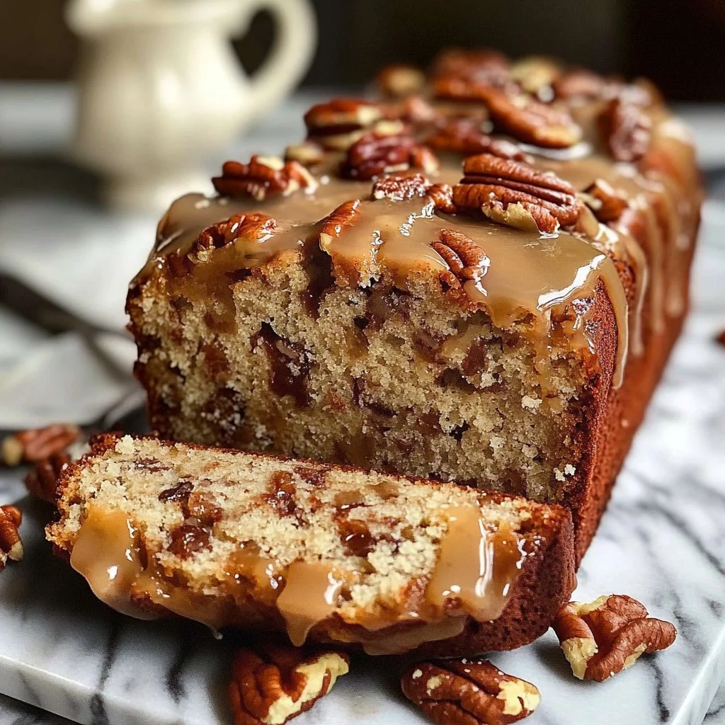 Pecan Praline Buttermilk Loaf Cake topped with pecans and praline glaze
