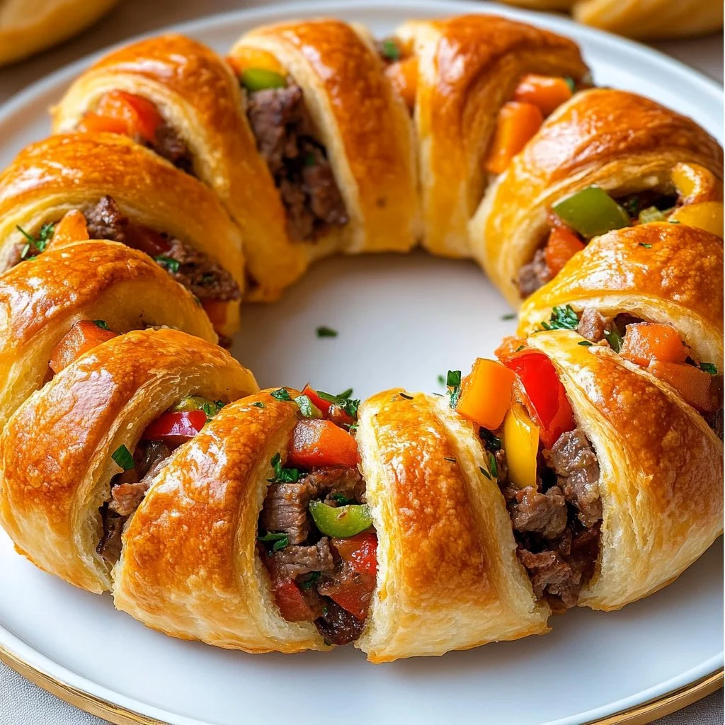 Philly Cheese Steak Crescent Ring topped with melted cheese and garnished.