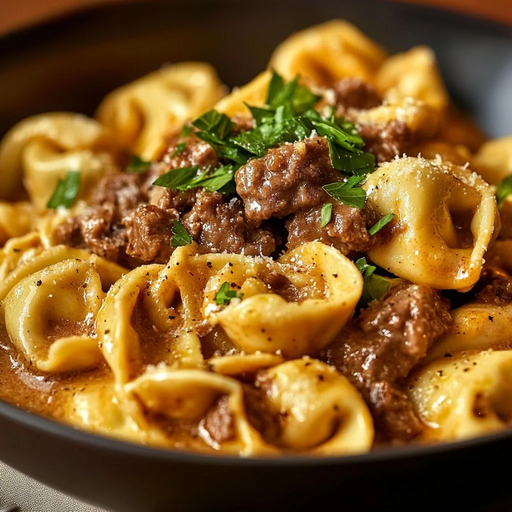 Philly Cheesesteak Tortellini served in a bowl with cheese and peppers
