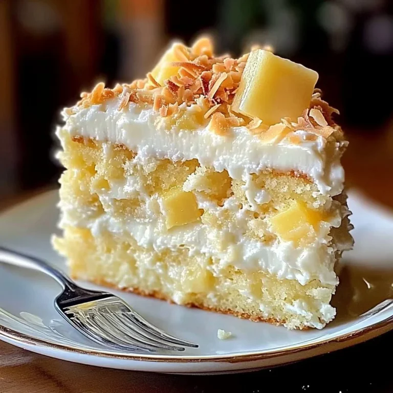 Slice of Pineapple Coconut Dream Cake topped with fresh coconut and pineapple