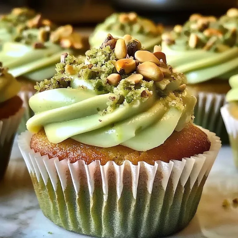 Pistachio cupcakes with creamy vanilla buttercream frosting on top.