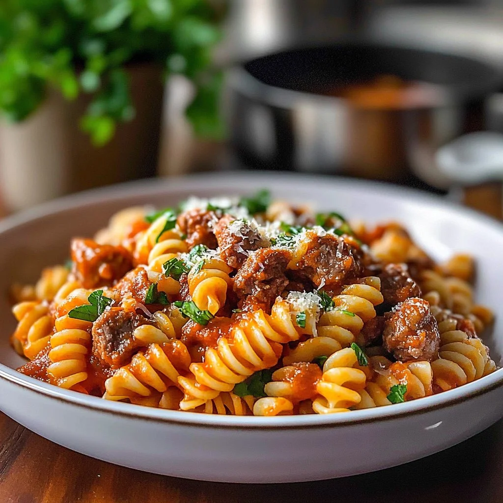 Delicious plate of quick Italian sausage pasta with herbs and cheese